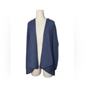 Eileen Fisher Merino Wool Open Front Cardigan Soft Ribbed Knit Blue Draped PM